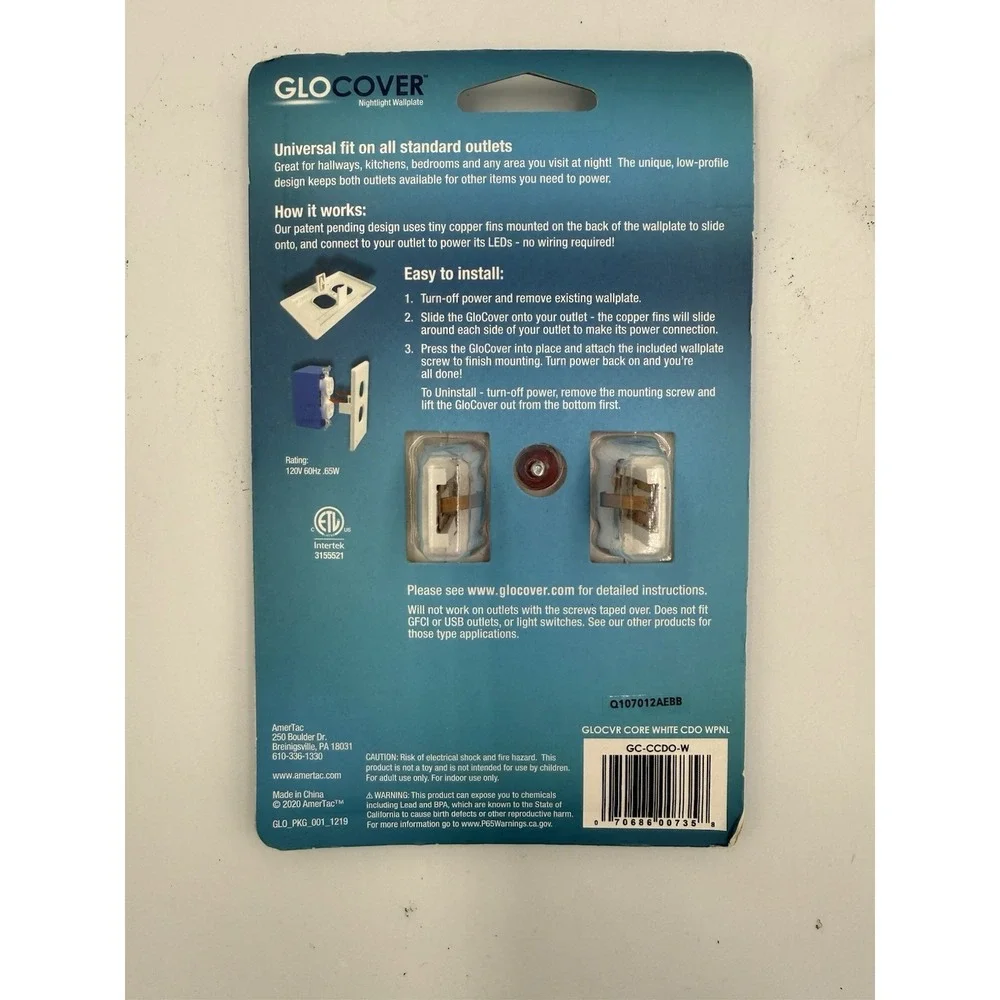 Glocover White 1-Gang Nightlight Standard Duplex Outlet Wallplate NEW